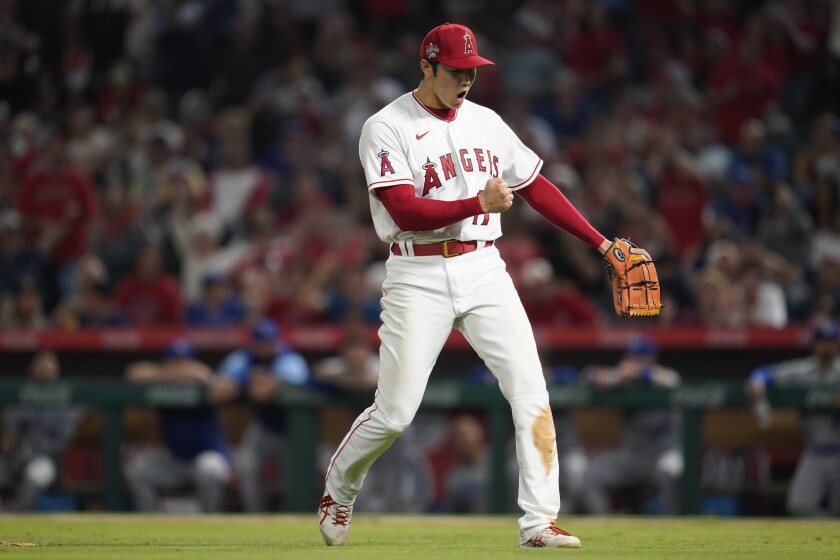 Los Angeles Angels starting pitcher Shohei Ohtani (17) reacts at the end of the top of the eighth inning of a baseball game against the Kansas City Royals in Anaheim, Calif., Wednesday, June 22, 2022. (AP Photo/Ashley Landis)
