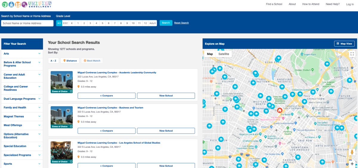A screenshot of the L.A. Unified school search tool.