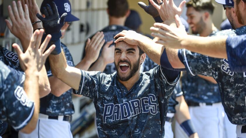 Carlos Asuaje is congratulated after scoring in the second inning of a game against Pirates on Sunday.