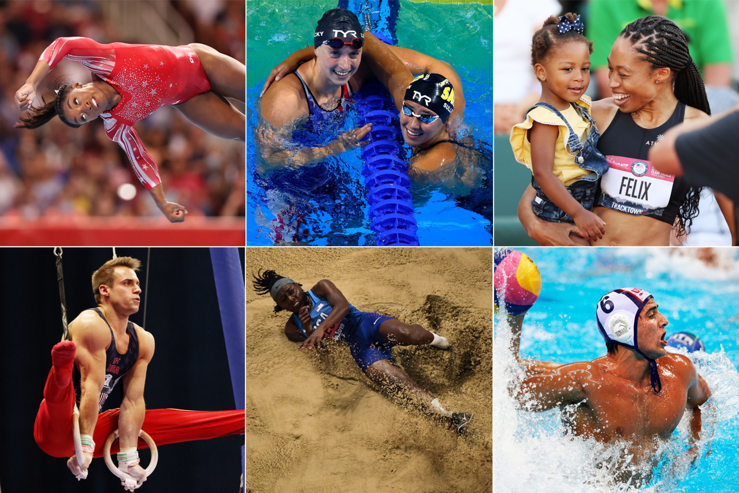 Simone Biles, Katie Ledecky and Erica Sullivan, Allyson Felix, Luca Cupido, Brittney Reese and Sam Mikulak.