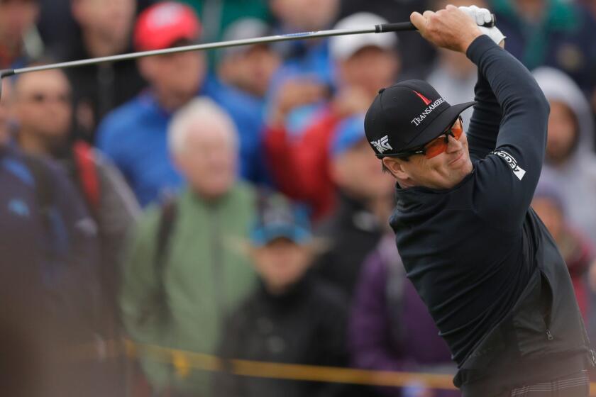 Zach Johnson of the US plays a shot off the 9th tee during the second round of the British Open Golf Championship, at Royal Birkdale, Southport, England Friday, July 21, 2017. (AP Photo/Alastair Grant)