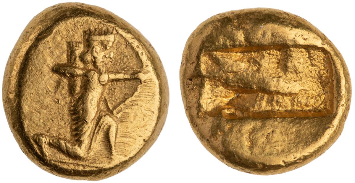 A view of both sides of a small gold coin, one side featuring a kneeling archer.