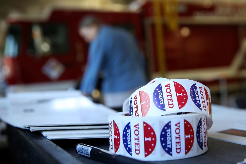 SAN ANSELMO, CA - JUNE 05: A roll of "I Voted" stickers sit on a table inside a polling station at a Ross Valley fire station on June 5, 2018 in San Anselmo, California. California voters are heading to the polls to vote in the primary election. (Photo by Justin Sullivan/Getty Images) ** OUTS - ELSENT, FPG, CM - OUTS * NM, PH, VA if sourced by CT, LA or MoD **