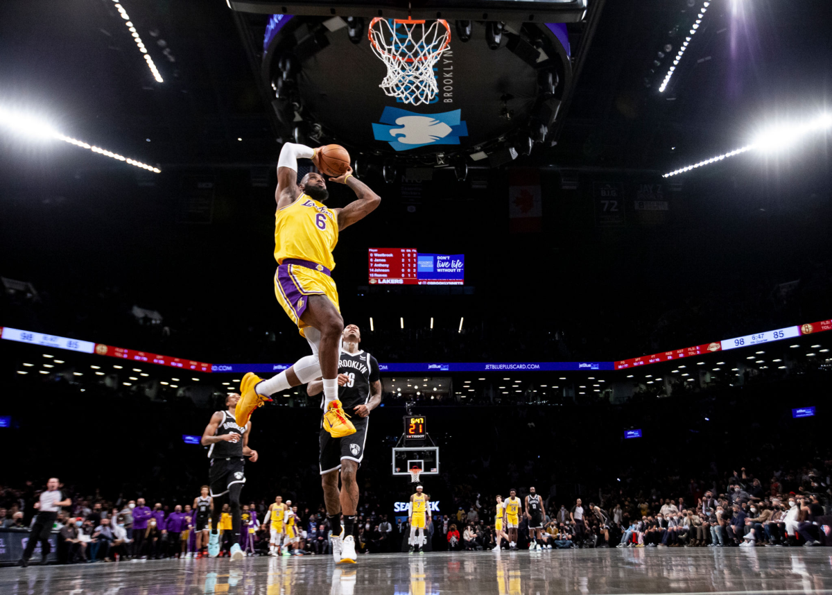 Lakers star LeBron James dunks against the Brooklyn Nets on Tuesday.