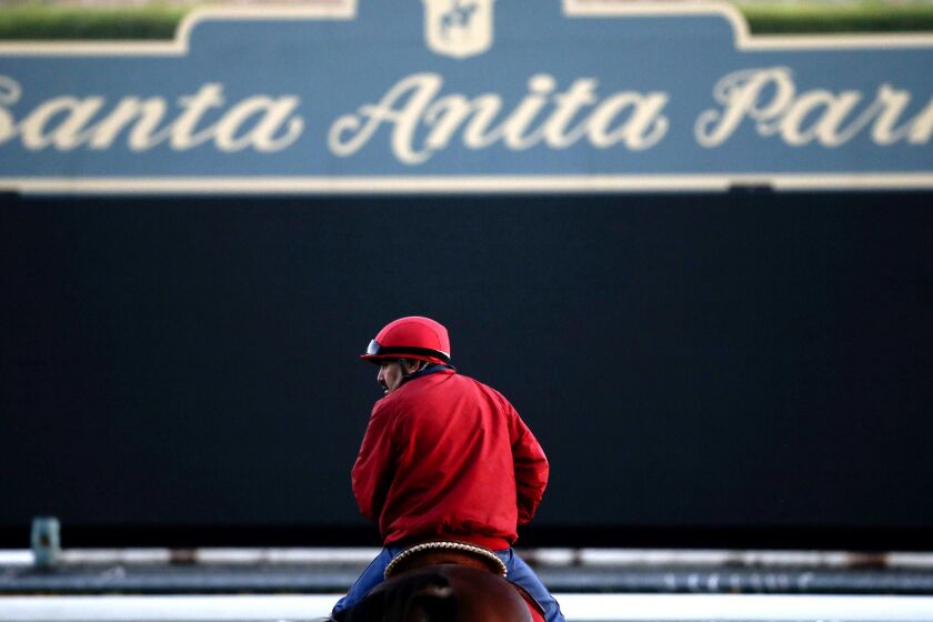 FILE - In this Oct. 29, 2014, file, photo, an outrider waits by the track as horses train for the Breeders' Cup horse races at Santa Anita Park in Arcadia, Calif. A 30th horse has died at Santa Anita on the last weekend of racing before the Southern California track closes for the season. A spokesman for the California Horse Racing Board says a 4-year-old gelding named American Currency was injured while exercising on the training track Saturday, June 22, and was euthanized. (AP Photo/Jae C. Hong, File)