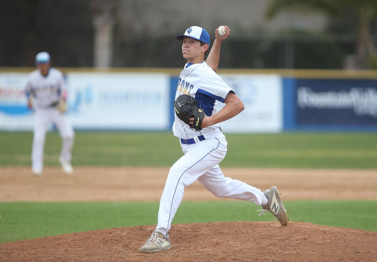 Fountain Valley starter Jake Brooks throws a strike during a Sunset Conference crossover game against Newport Harbor on Friday.