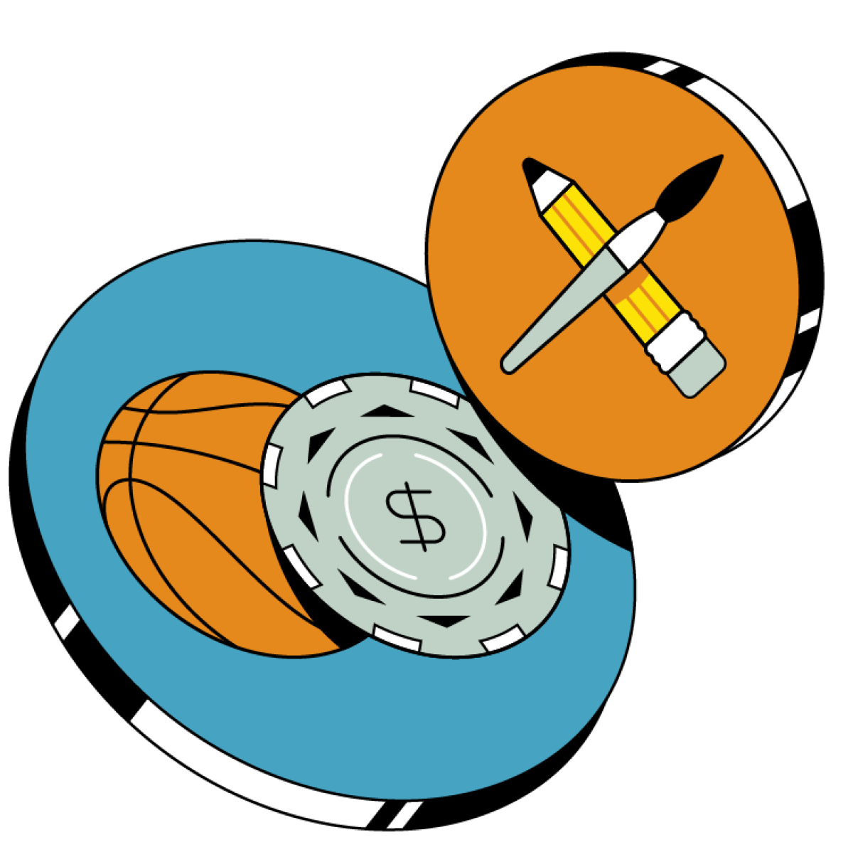 Ilustración de un balón de baloncesto con una ficha de póquer y un lápiz y un pincel.