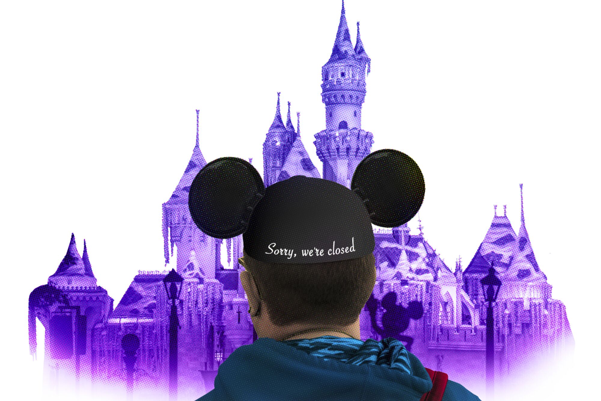 A photo illustration shows the back of a mouse-ears cap with "Sorry, we're closed" stitched on it. 