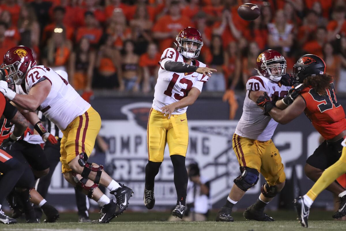 USC quarterback Caleb Williams passed in the second half against Oregon State on Saturday.