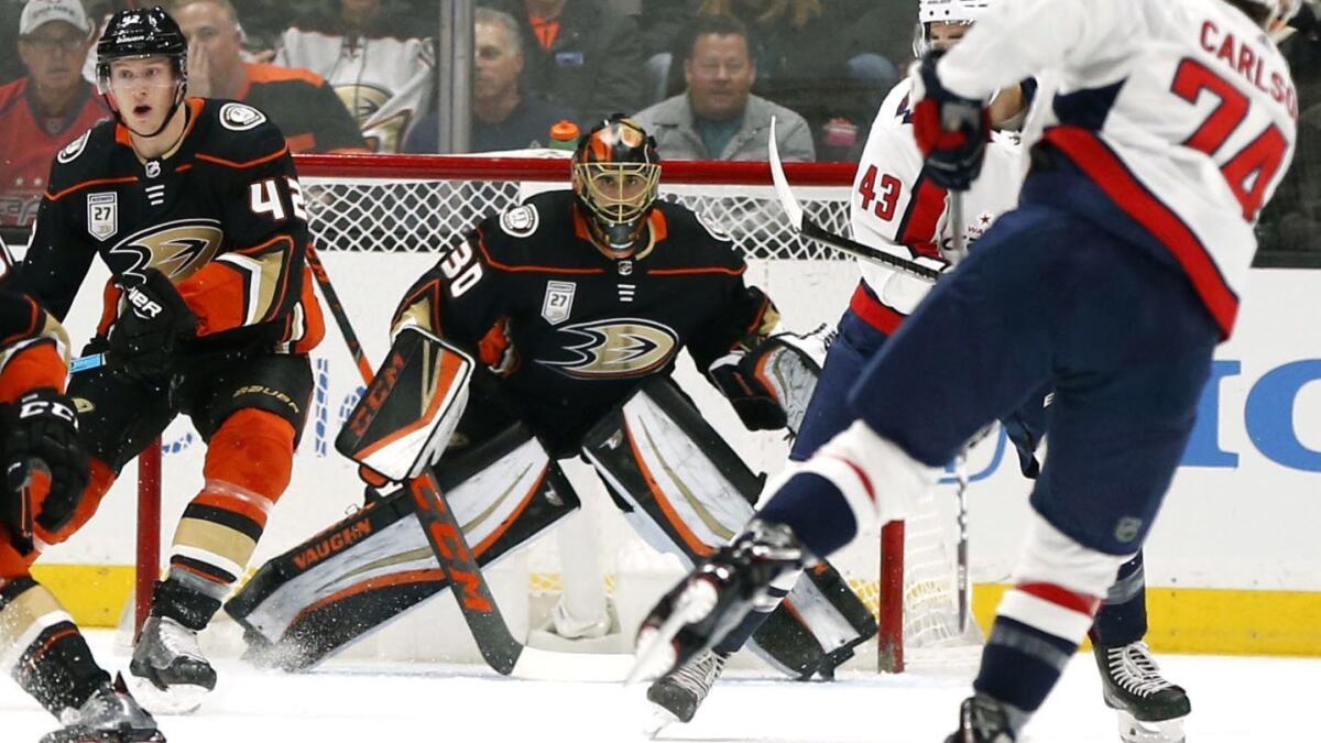 Ducks goalie Ryan Miller looks down the ice during a game against the Washington Capitals on Feb. 17 at Honda Center.