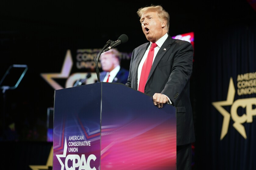 Former president Donald Trump speaks at the Conservative Political Action Conference (CPAC) Sunday, July 11, 2021, in Dallas. (AP Photo/LM Otero)