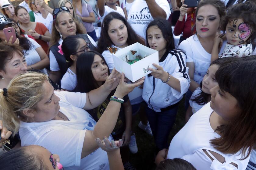 SAN JOSE, CA AUGUST 4, 2019: Keyla Salazar, a 13-year-old girl was killed in the Gilroy Garlic Festival shooting last Sunday. Today would have been her 14 birthday. Family and friends gathered around and released butterflies honoring Keyla in San Jose, CA August 4, 2019. (Francine Orr/ Los Angeles Times)