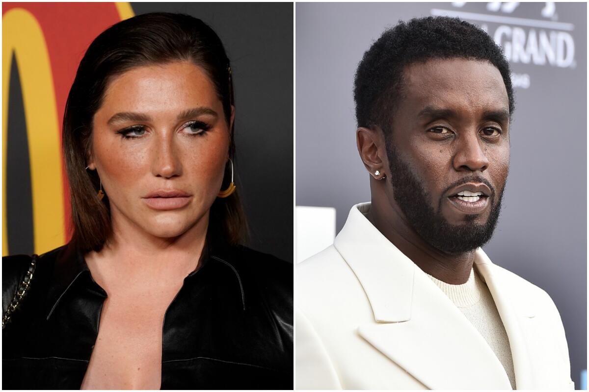 Separate headshots of Kesha in a black jacket and Sean "Diddy" Combs in a white blazer over a white shirt