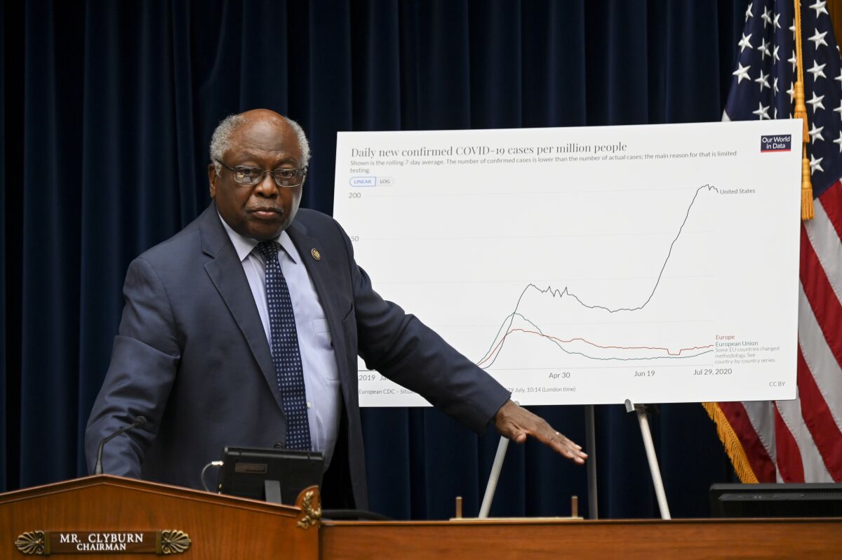 House Majority Whip Rep. James Clyburn, D-S.C., stands during a House Select Subcommittee hearing on the Coronavirus, Friday, July 31, 2020 on Capitol Hill in Washington. (Erin Scott/Pool via AP)