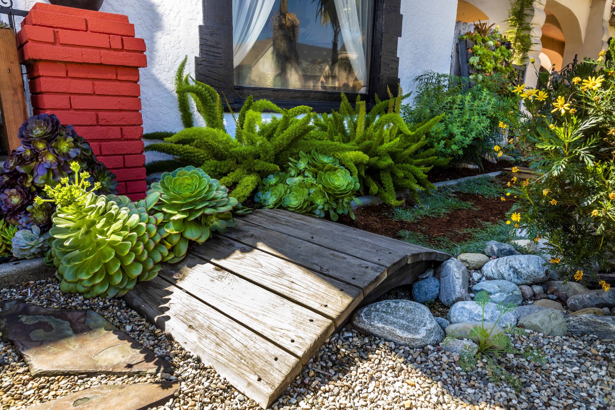 A small footbridge is surrounded by rocks and succulents