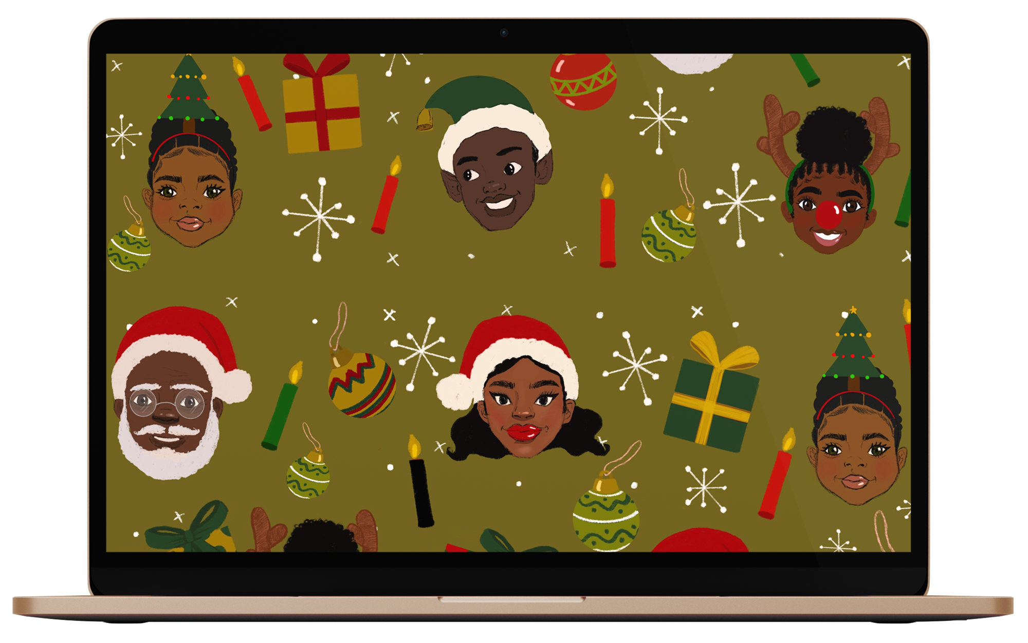 Wallpaper on a laptop wearing Santa hats, Christmas hats and reindeer ears with ornaments and presents in the background.