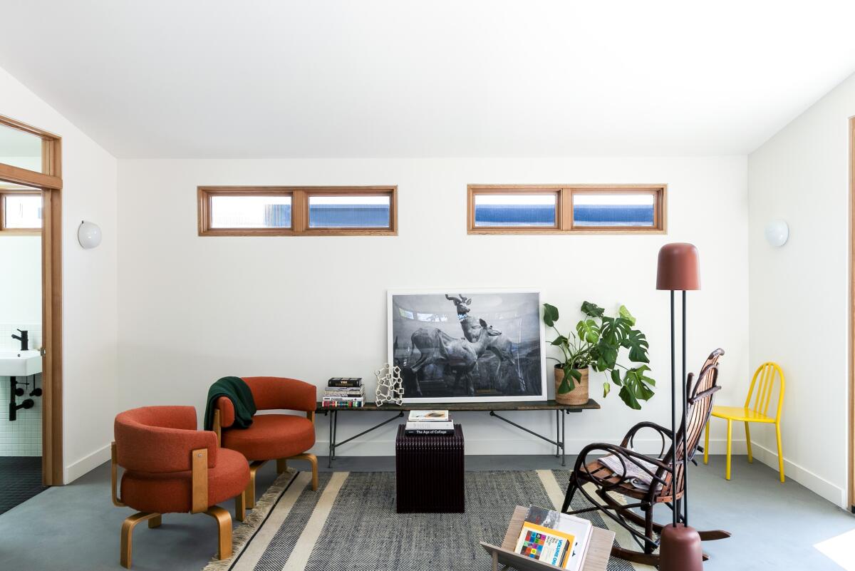 A living room with clerestory windows.