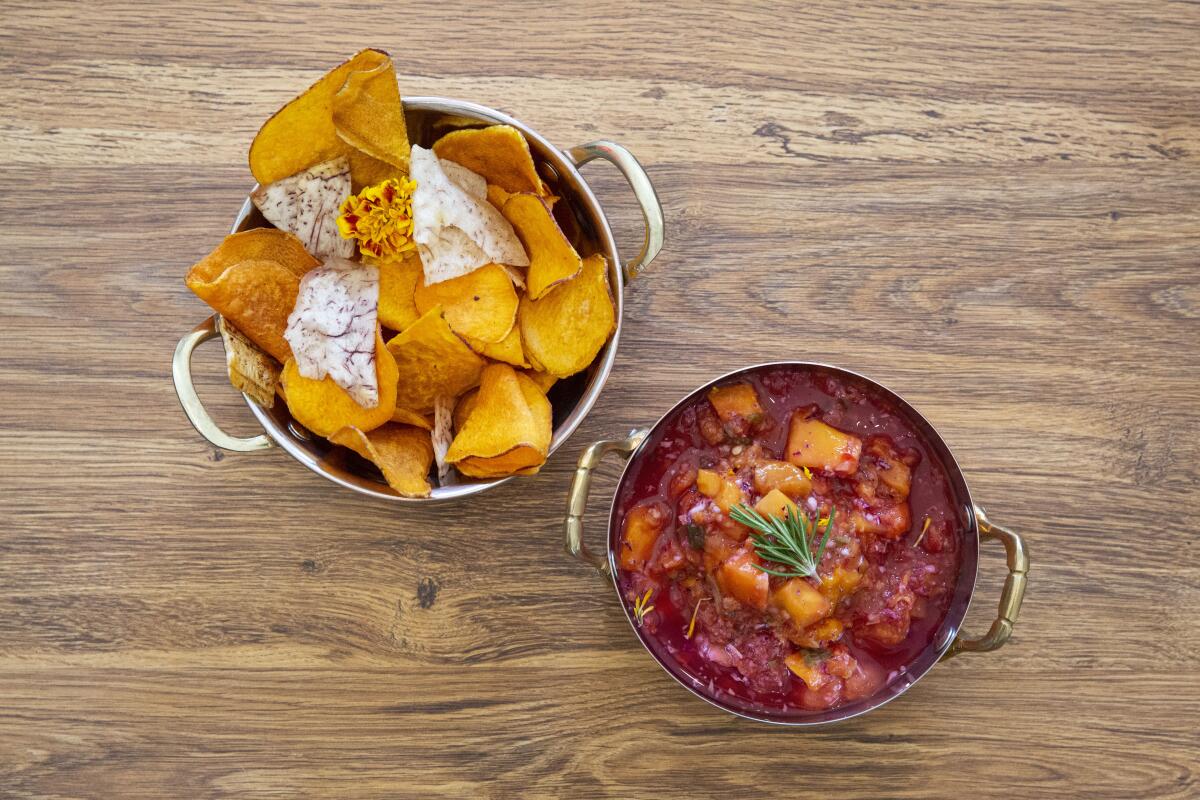 Yuca and sweet potato chips with mango salsa