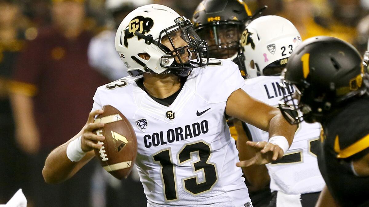 Colorado quarterback Sefo Liufau, in action against Arizona State on Oct. 10, passed for 246 yards and two touchdowns last season against UCLA.