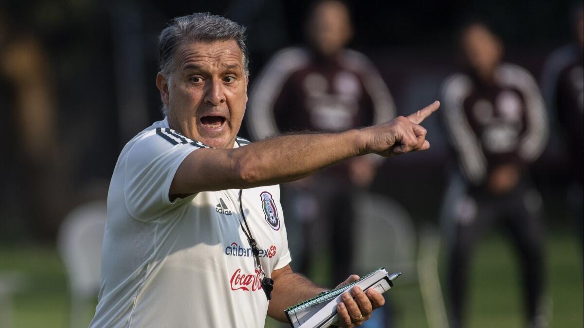 Mexico’s national soccer team coach, Argentinian Gerardo “Tata” Martino, conducts a training session at the High Performance Center on the outskirts of Mexico City.