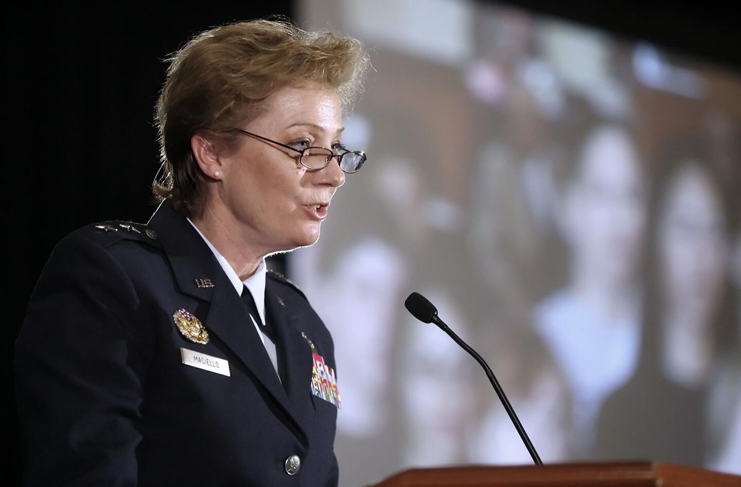 U.S. Air Force Major General Wendy Masiello gives the remarks during the first all-female, all-branch swearing in ceremony at the California Disabled Veterans Business Alliance breakfast.