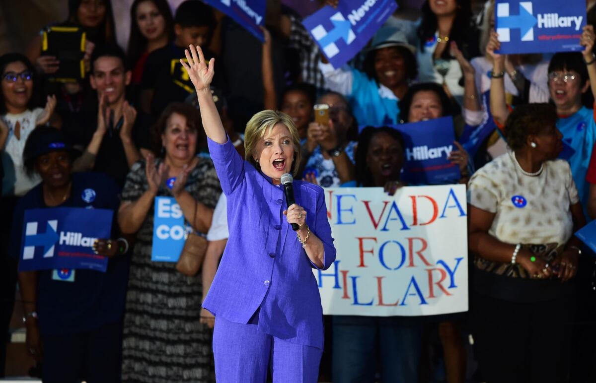 TOPSHOTS Presidential hopeful Hillary Clinton greets supporters during a rally in Las Vegas, Nevada on October 14, 2015. AFP PHOTO / FREDERIC J. BROWNFREDERIC J. BROWN/AFP/Getty Images ** OUTS - ELSENT, FPG, CM - OUTS * NM, PH, VA if sourced by CT, LA or MoD **