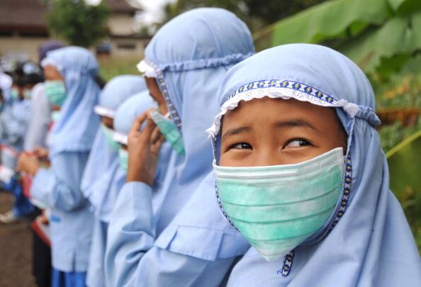 Masks protect children from falling ash