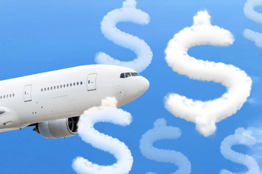 Photo illustration of a plane flying into dollar-sign shaped clouds