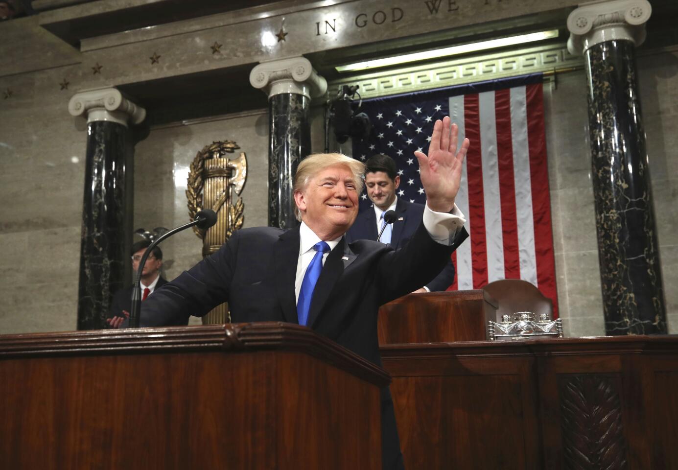 President Trump arrives to deliver his first State of the Union Address on Jan. 30, 2018.