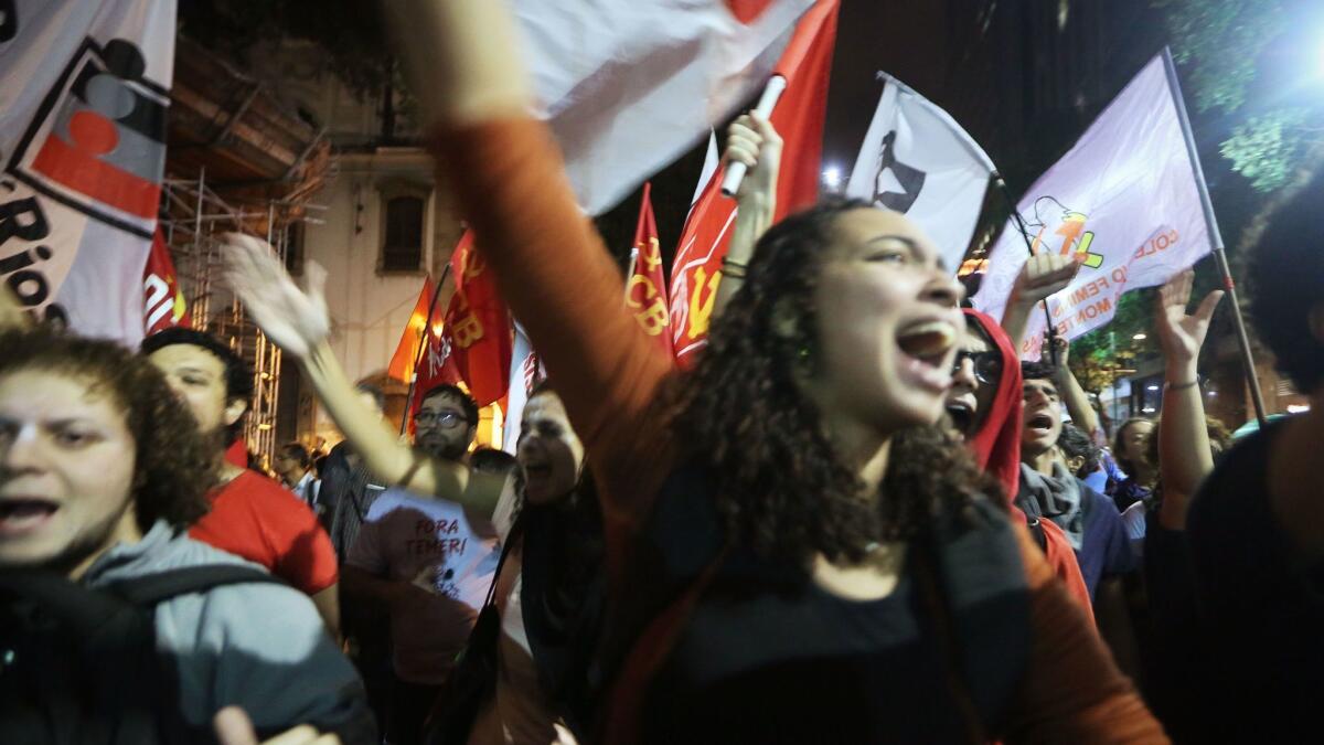 Demonstrators protest May 18 in Rio de Janeiro in the aftermath of a recording allegedly revealing President Michel Temer endorsing bribery payments.