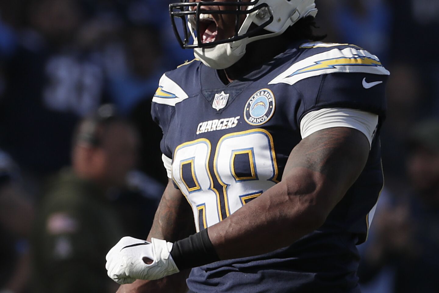 Chargers tight end Virgil Green yells out after catching a pass for a first down, keeping a first half drive alive against the Denver Broncos at Stubhub Center.