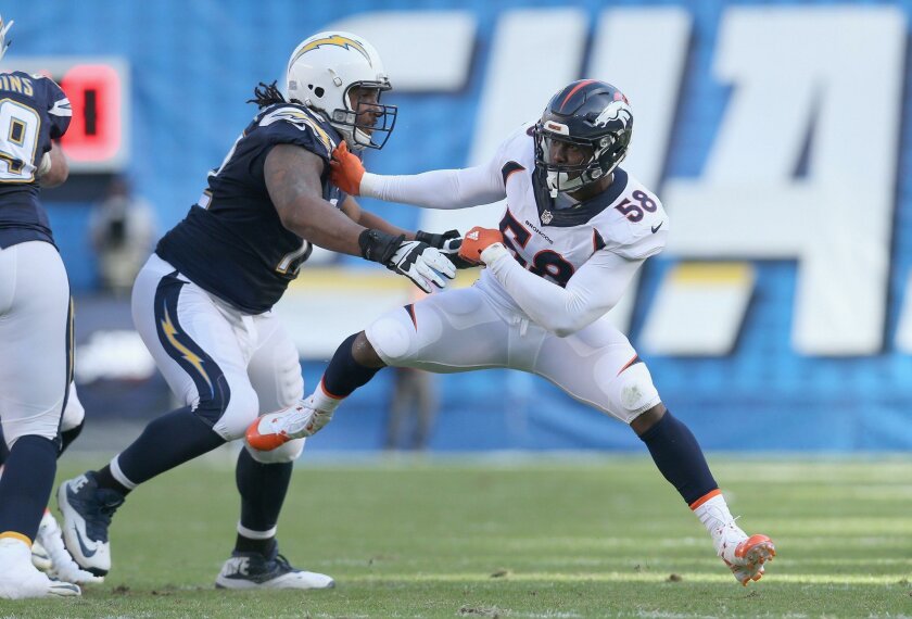 SAN DIEGO, CA - DECEMBER 06: Linebacker Von Miller #58 of the Denver Broncos battles tackel Joe Barksdale #72 of the San Diego Chargers at Qualcomm Stadium on December 6, 2015 in San Diego, California. (Photo by Stephen Dunn/Getty Images) ** OUTS - ELSENT, FPG, CM - OUTS * NM, PH, VA if sourced by CT, LA or MoD **
