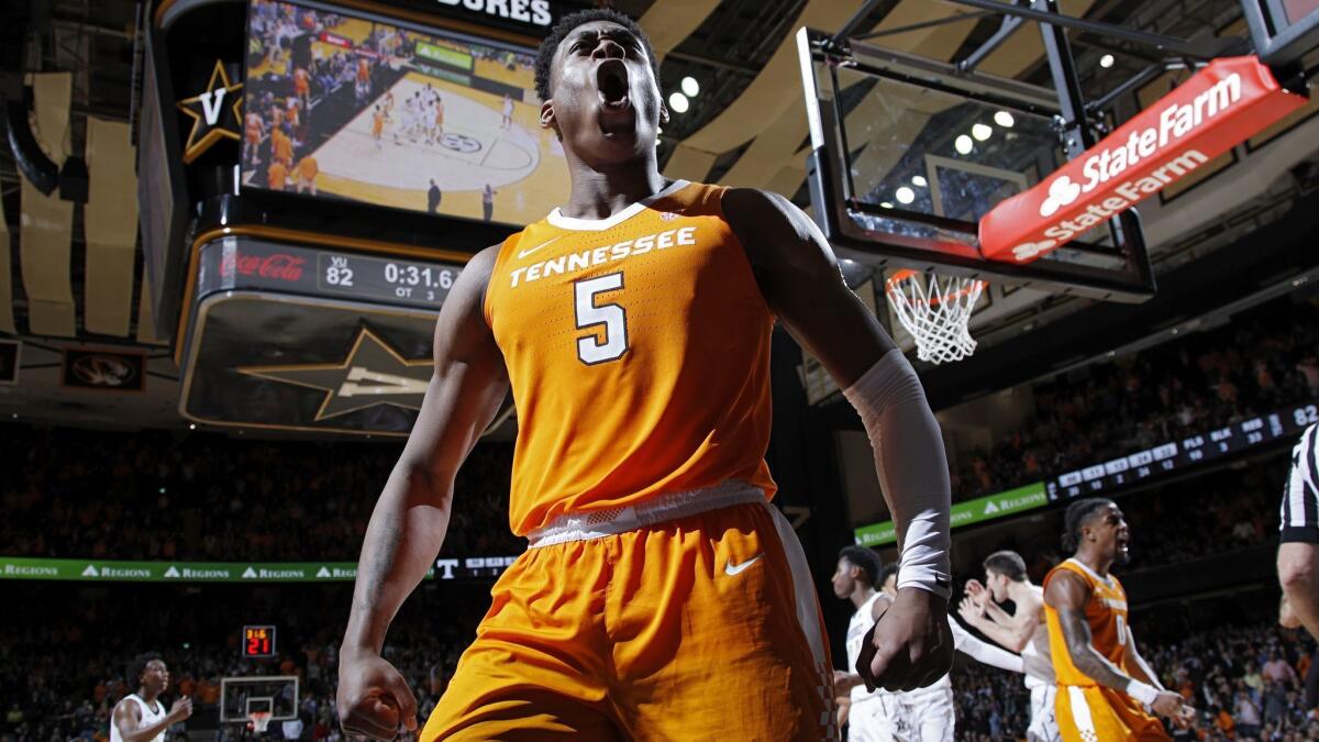 Admiral Schofield (5) of the Tennessee Volunteers reacts in overtime against the Vanderbilt Commodores during the game at Memorial Gym.