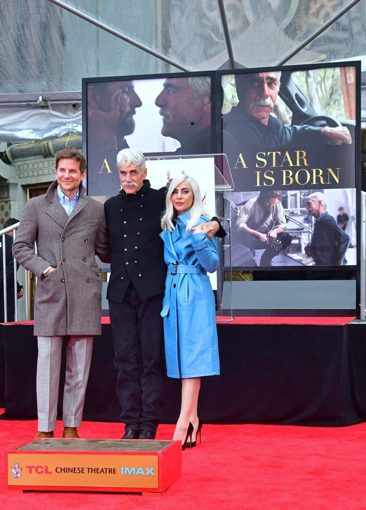 Bradley Cooper, left, Sam Elliott and Lady Gaga during Elliott's hand and footprints ceremony in Hollywood on Jan. 7.