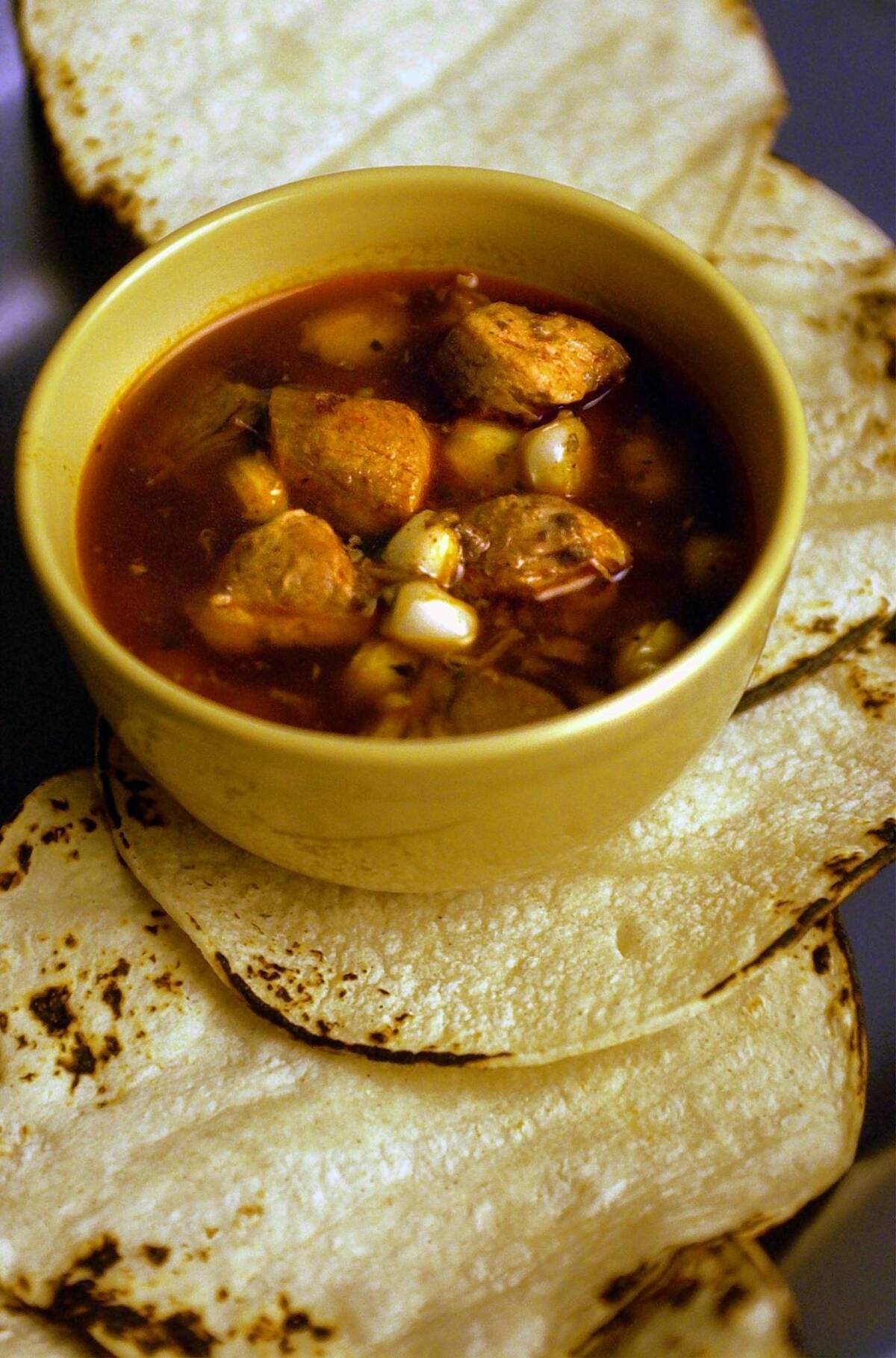 Posole, a New Mexico tradition for Christmas, is made with lots and lots of pork.