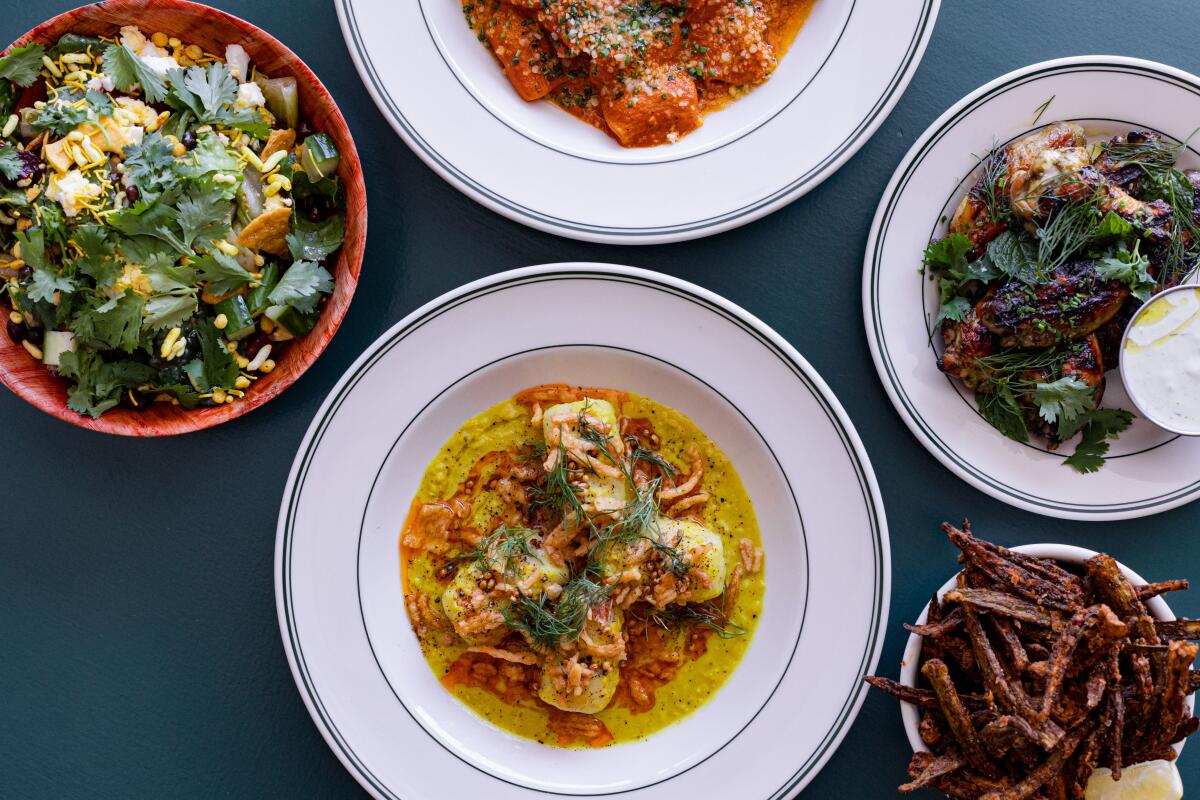 Overhead shot of prepared dishes 