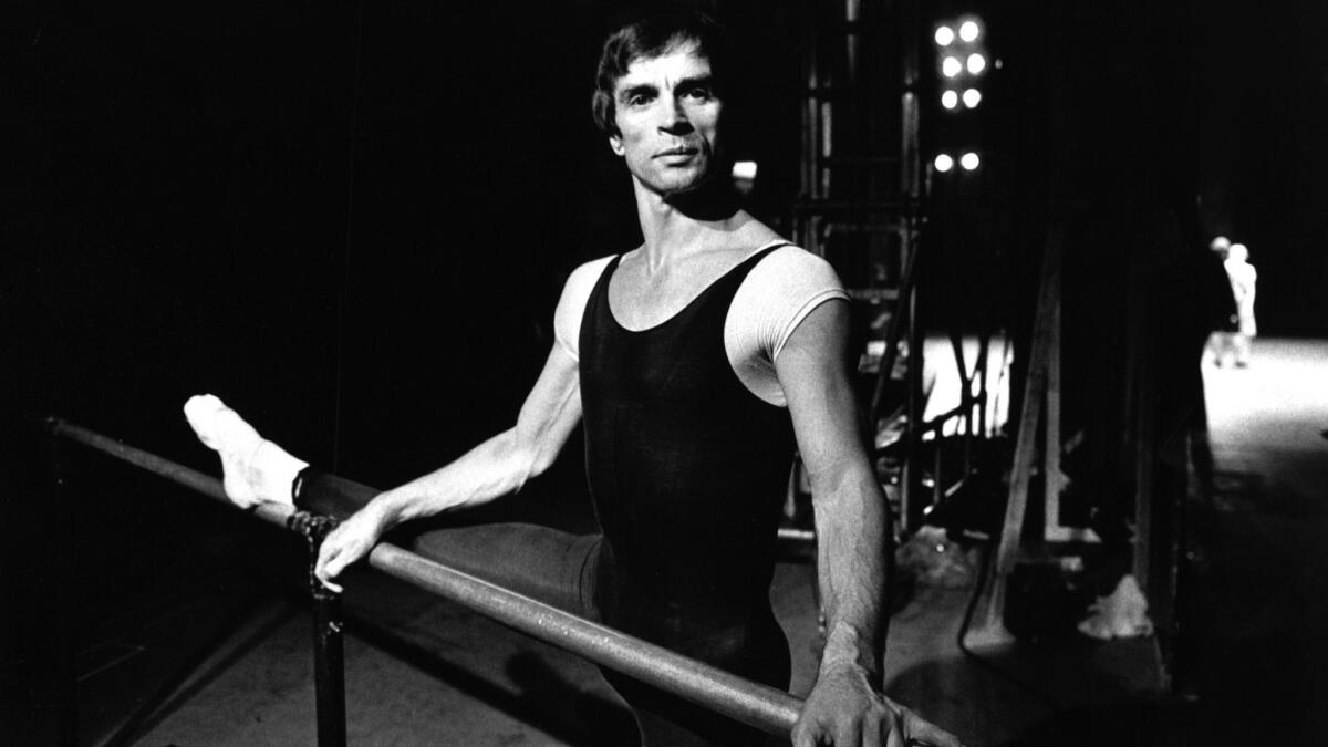 Ballet dancer Rudolf Nureyev at the barre during rehearsal for "Romeo and Juliet" at the London Coliseum in 1980.