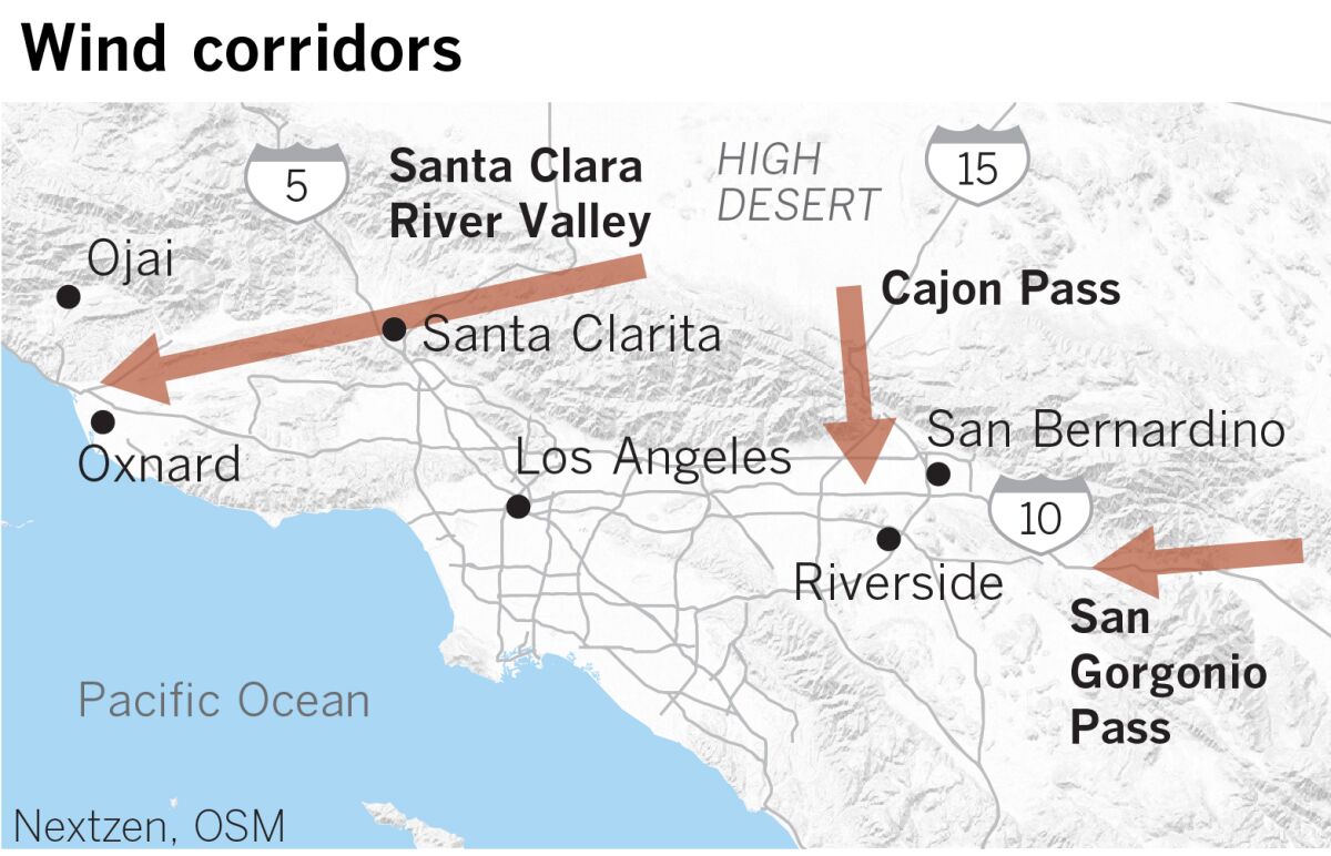 Major corridors for Santa Ana winds heighten the fire danger for communities in the wildland-urban interface.