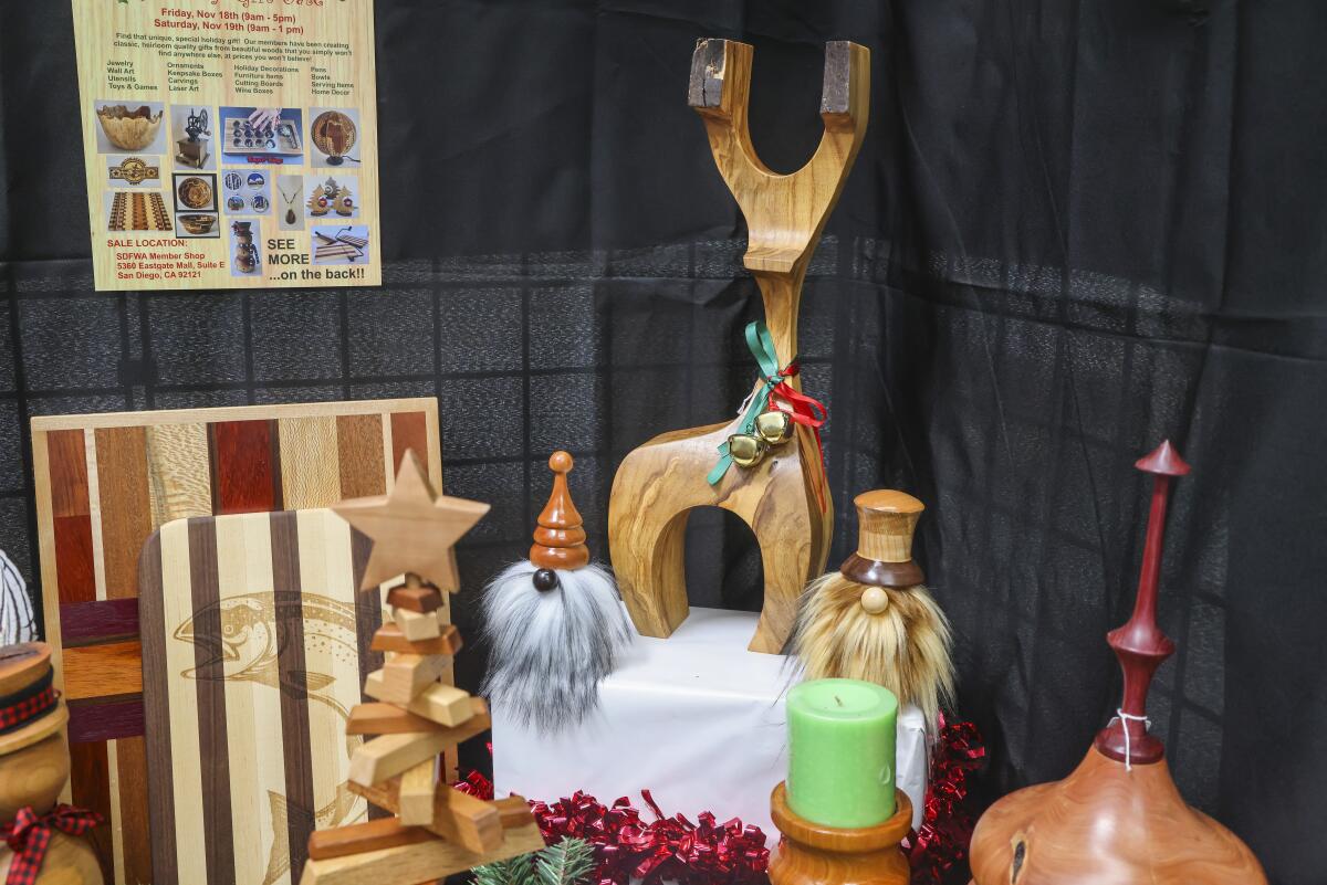 Gift items made by members for the annual holiday gift sale at the San Diego Fine Woodworkers Association workshop.