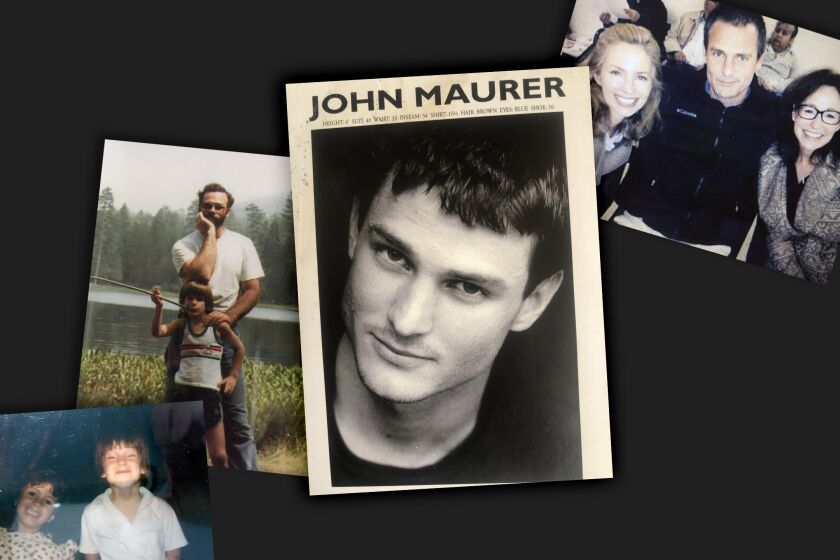 Photos of John Maurer as a child with family members, a modeling head shot and a photo with his sister.