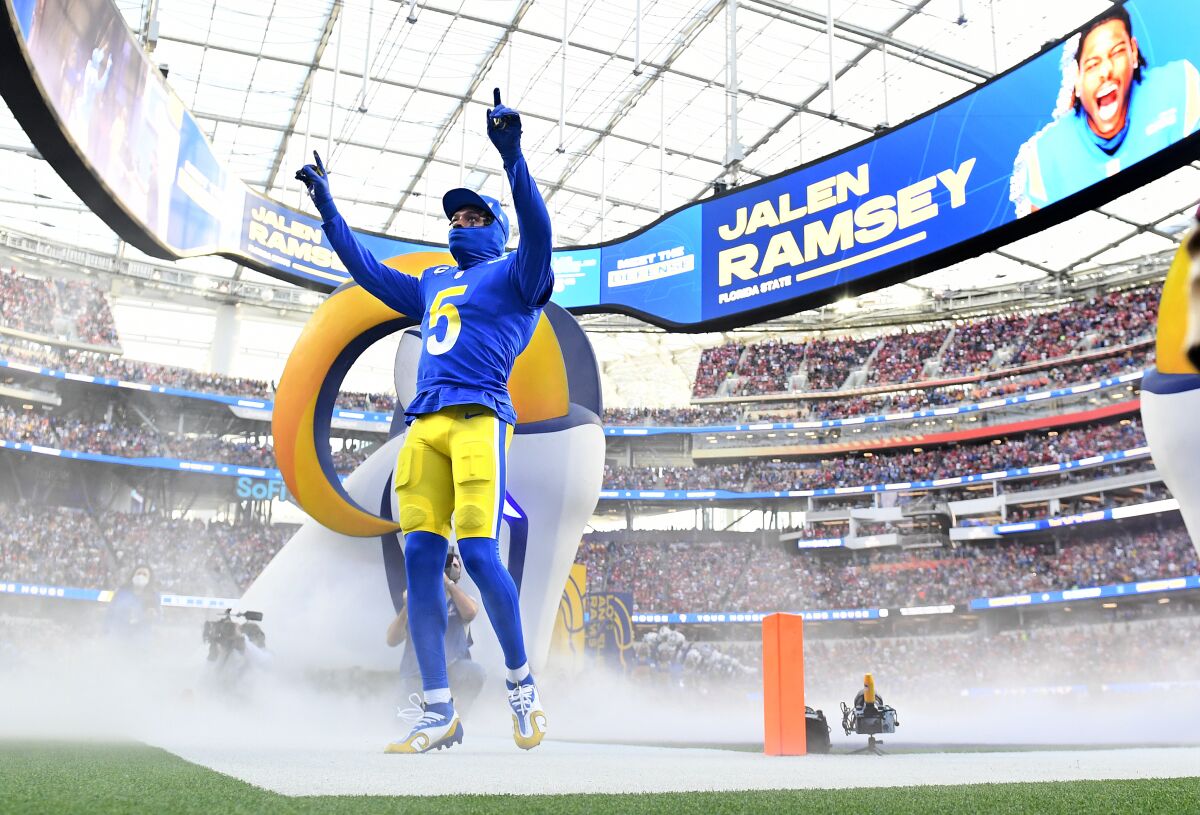Rams cornerback Jalen Ramsey is introduced before the 2022 NFC Championship Game.