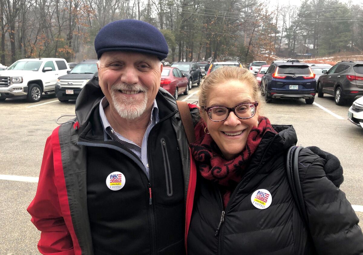 Retirees and political independents Greg and Marilyn Swick took a Democratic ballot in Hudson, in the Boston suburbs. They both voted for Minnesota Sen. Amy Klobuchar.