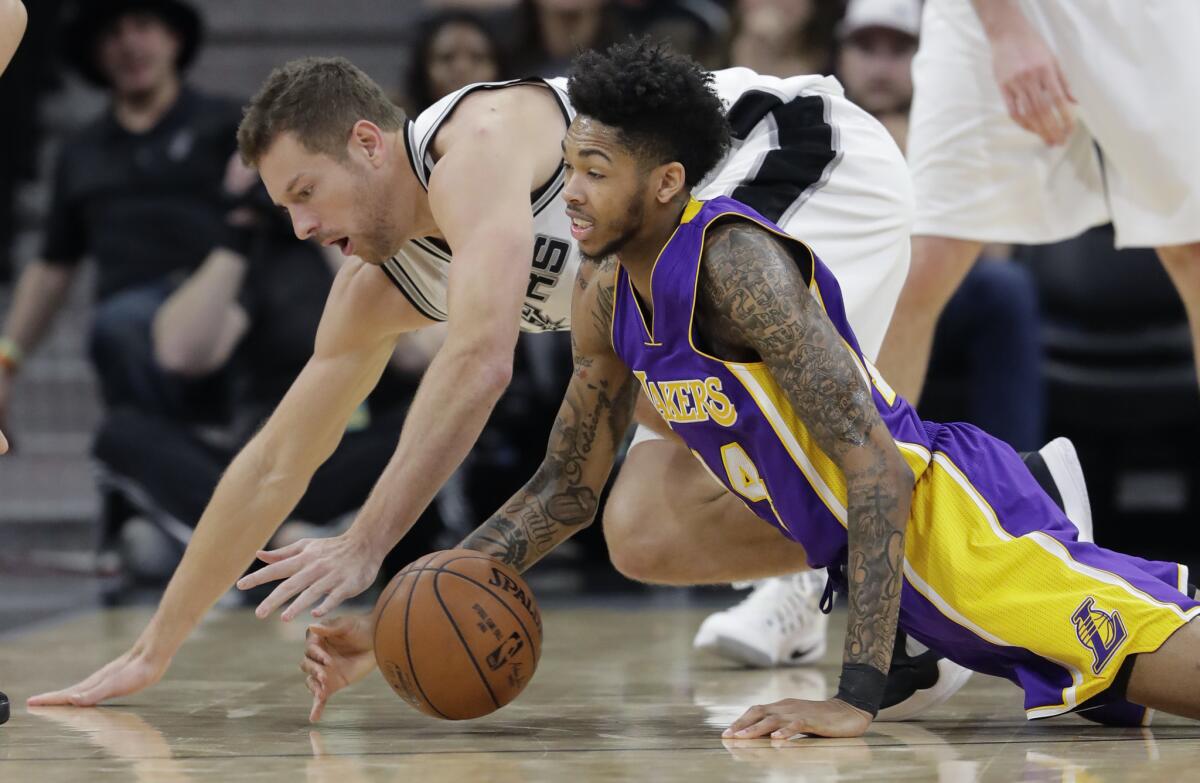 Spurs forward David Lee (10) and Lakers forward Brandon Ingram (14) chase the ball during the second half on Jan. 12.