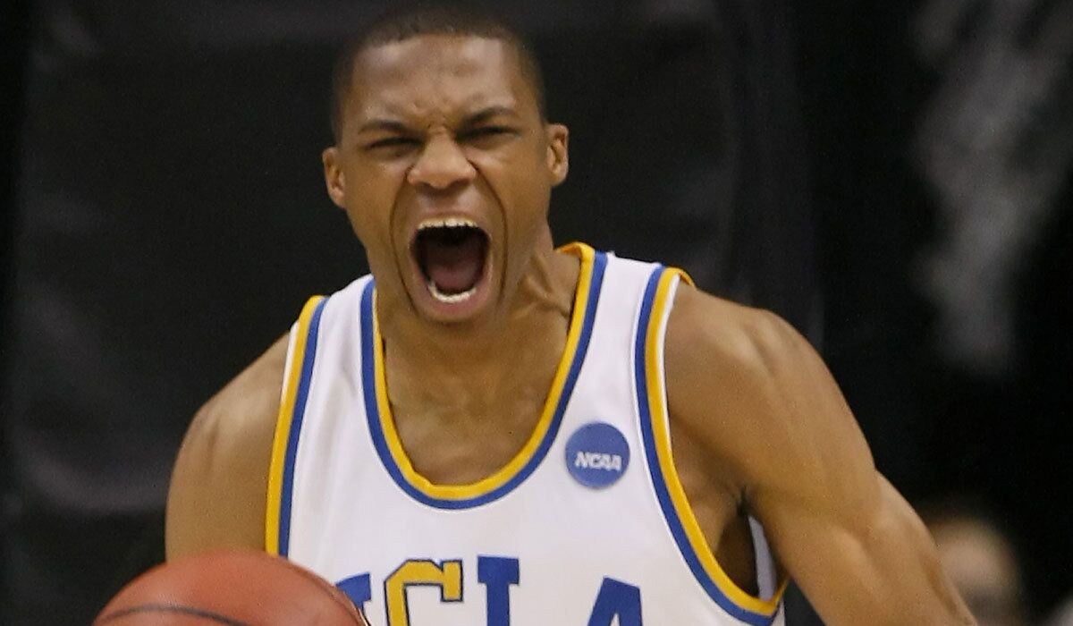 Russell Westbrook celebrates after a dunk against Xavier on March 29, 2008.
