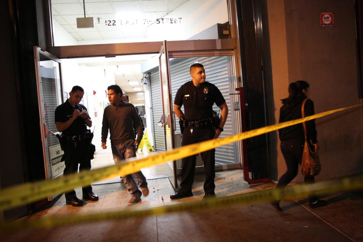 Police were searching for a suspect in downtown Los Angeles after one man was fatally shot on East 7th Street near Main Street.