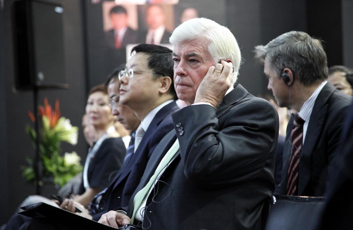 Former U.S. Sen. Chris Dodd, Chairman and CEO of The Motion Picture Association of America, attends a seminar as part of the 14th Shanghai International Film Festival in 2011.