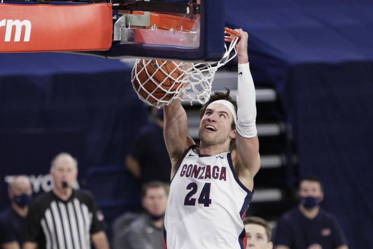 Gonzaga forward Corey Kispert dunks during the second half against BYU.