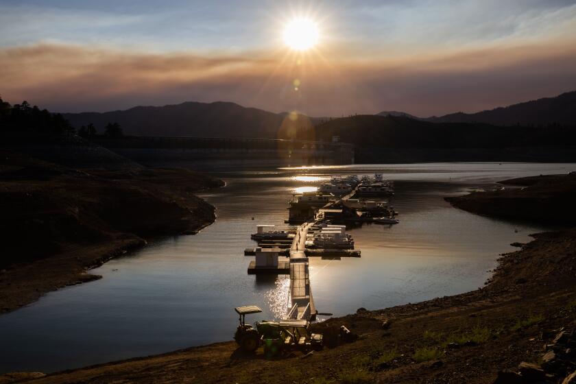 The Centimudi boat ramp on a receded Shasta Lake with Shasta Dam and wildfire smoke in the background on August 3, 2021.