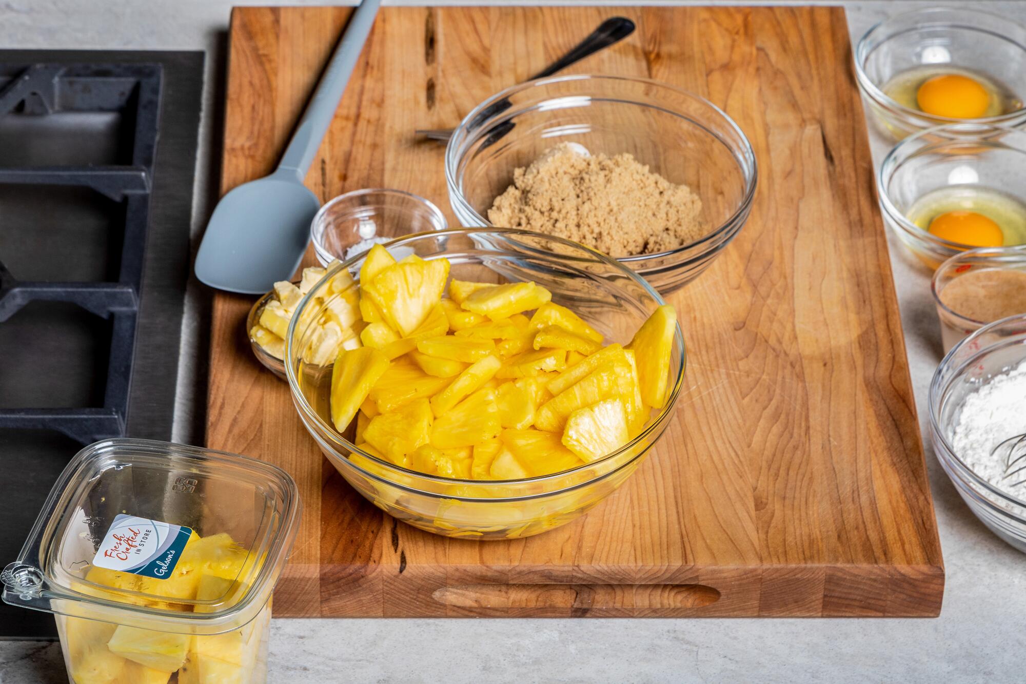 Ingredients for a pineapple upside-down cake photographed in the L.A. Times test kitchen.