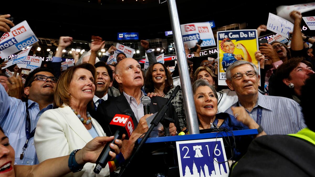 Gov. Jerry Brown with California's delegation as it announces its votes during the Democratic National Convention on Tuesday.